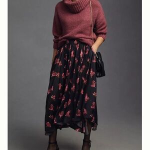 Anthropologie Black Full Maxi Skirt with Rose Print Size M